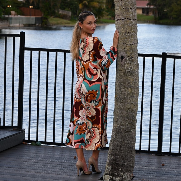 DEVORAH'S SECRET Modest Midi Dress Modern Floral Brown/Teal/Orange/Regular& Plus - Picture 3 of 6